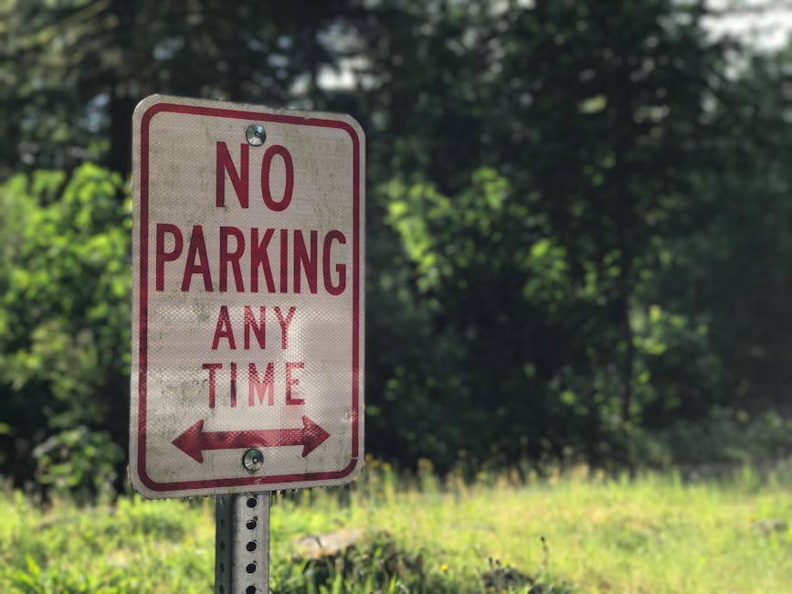 A rectangular 'No Parking Any Time' metal sign with red text and borders is mounted on a metal post in an outdoor setting, with a background of green trees and foliage. The sign features a double-headed horizontal arrow beneath the text, indicating restrictions on parking along the street or area. The sign is positioned at the edge of a grassy area, next to a paved roadway, and is well-lit by natural daylight. This image reflects regulations related to parking during a house removal or relocation process, which [COMPANY_NAME] - Man with Van Dollis Hill - may need to adhere to when planning furniture transport or loading procedures within the NW2, Dollis Hill area.